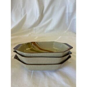 Set Of 3 Vintage Ceramic Hexagonal Bowls Beige & Brown Glaze 6" Diameter Unique